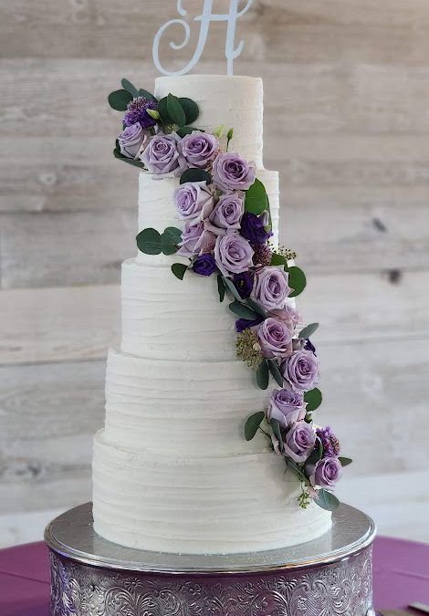 Textured Buttercream Wedding Cake with Purple Roses