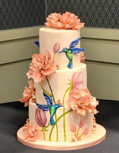 Pink Peonies and Hummingbirds Cake