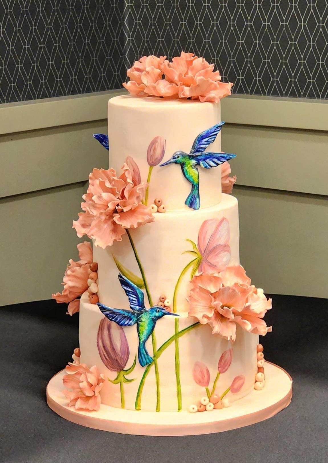 Pink Peonies and Hummingbirds Cake